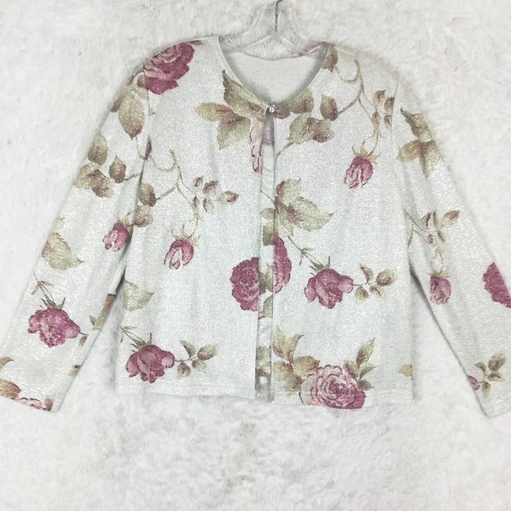 Jeffrey & Dara Womens Cardigan Sweater Set Tank Floral Roses Glitter Metallic 14